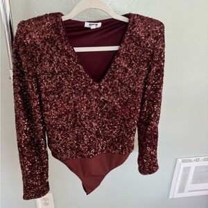 Express Red Sequin Asymmetrical Bodysuit